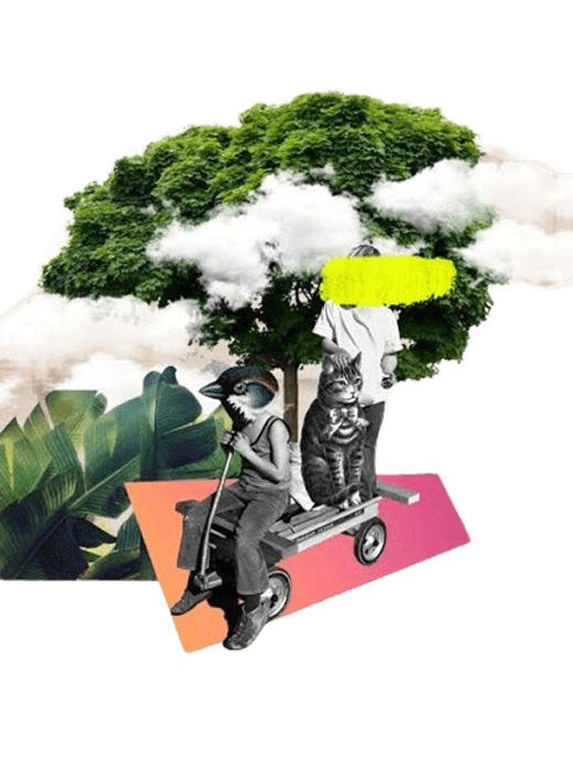 Future section artistic collage representing innovation and community