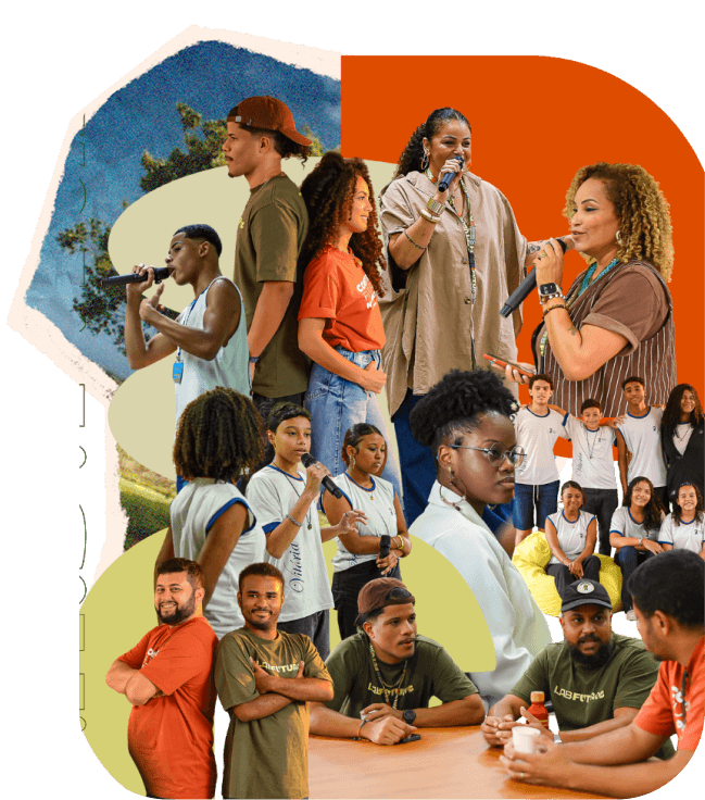 Collage de pessoas diversas participando de atividades do Lab Futuros em comunidades periféricas